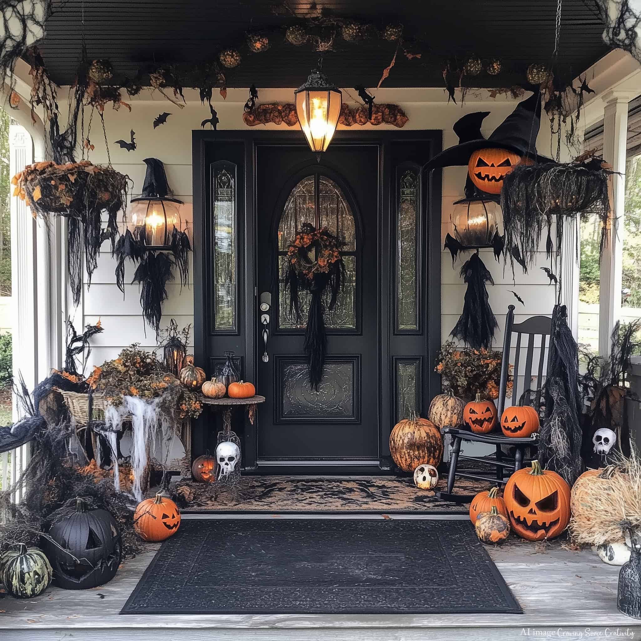 Gothic halloween porch scene with jack o lanterns and dead plants.