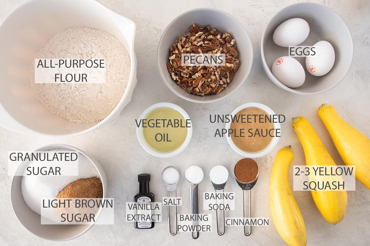 Ingredients for yellow squash muffins with text labels.